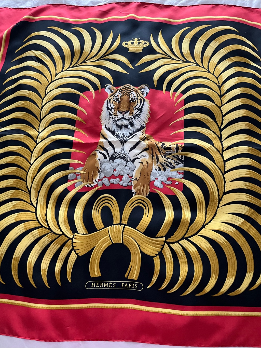 Vintage Hermes Black Gold Red Tiger Motif Silk Scarf